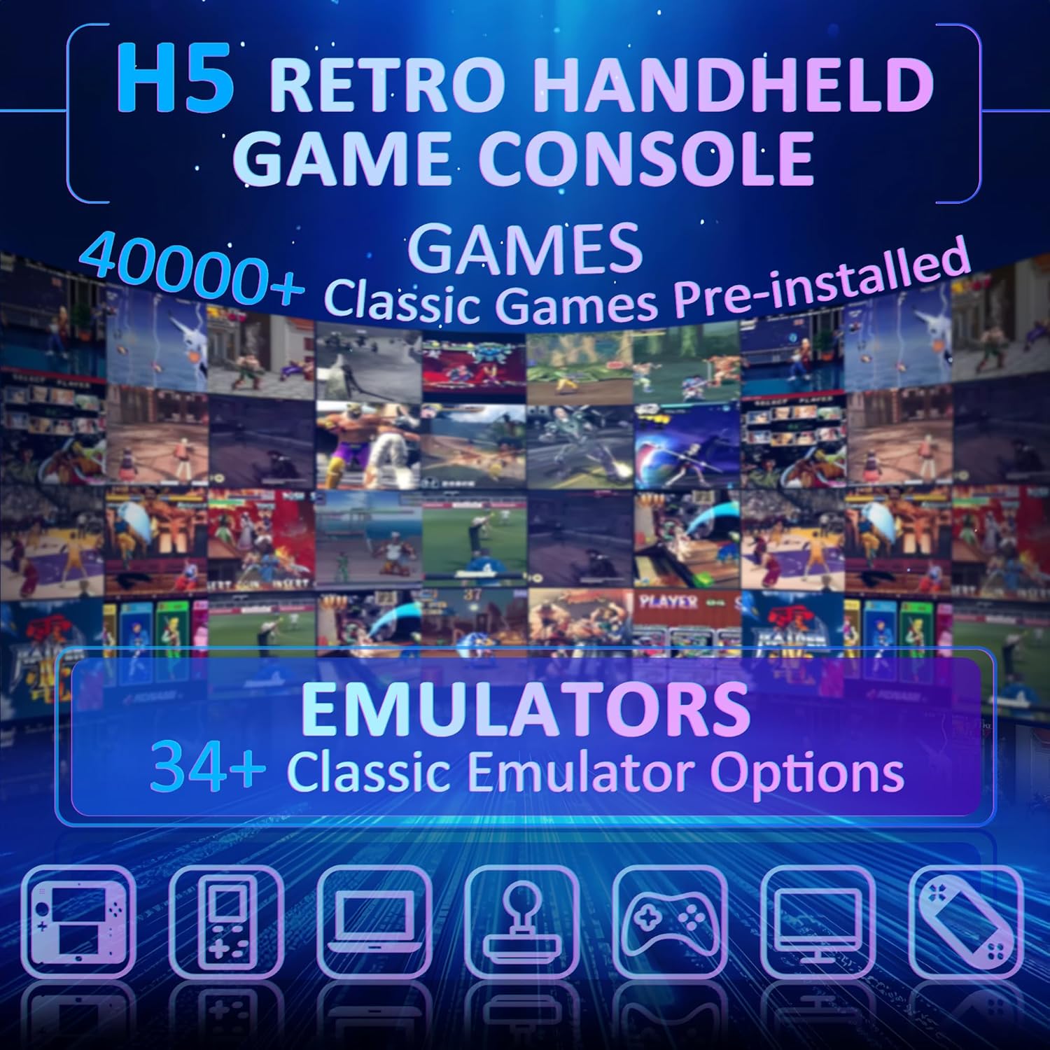 H5 Handheld Game Console, 5.0 Inch IPS HD Screen, Portable Video Arcade Build-in 40000+ Classic Games, 256GB TF Card Support 34+ Emulators with 4000mAh Battery